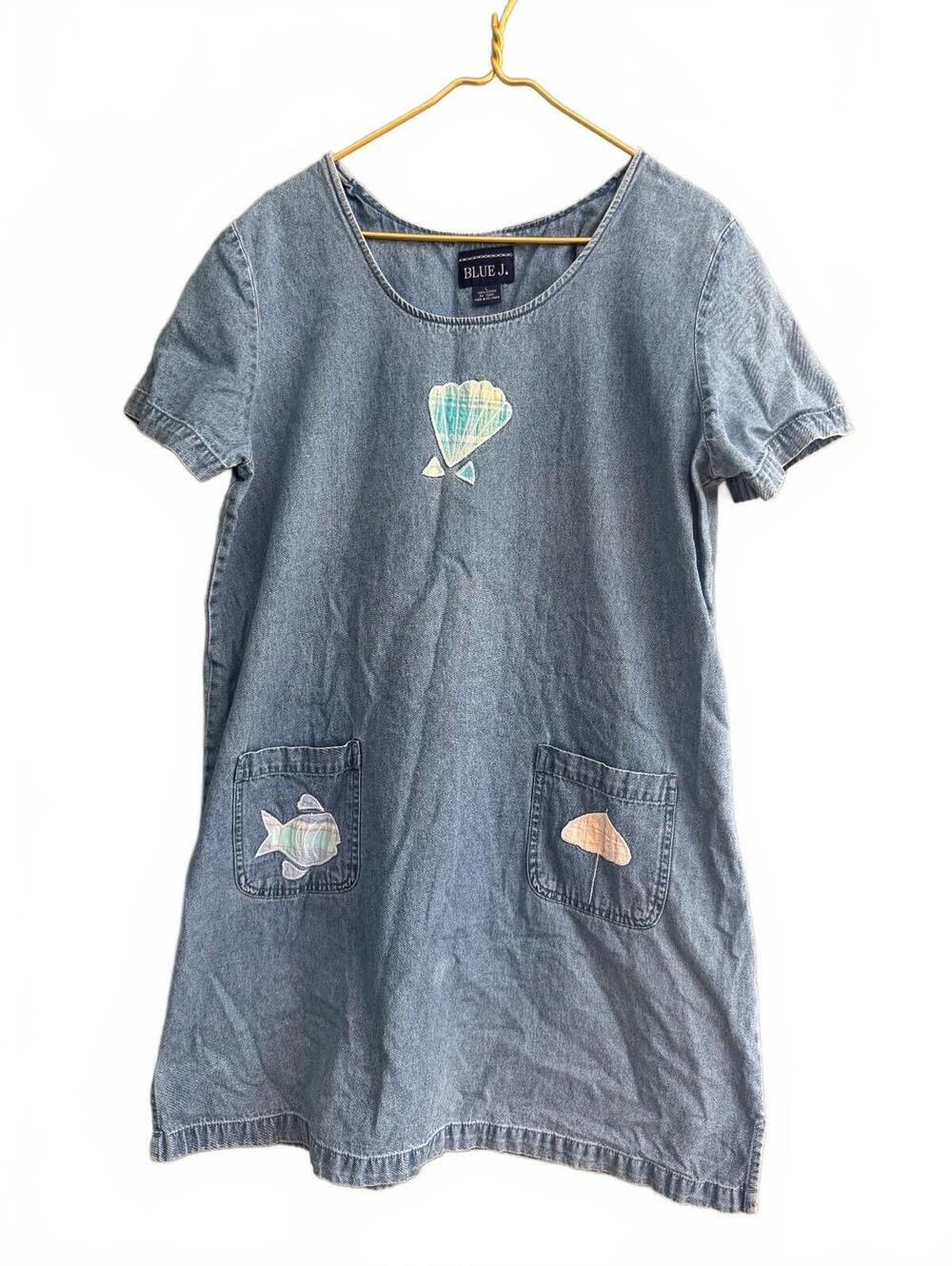Vintage 90s Blue J Cotton Denim Beach Shell Shift Dress Women's Size Large